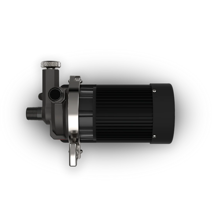 Spike Flow brewing pump with NPT connections, top view on a white background.