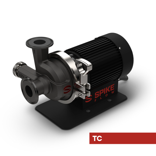 Spike Flow brewing pump with Tri-Clamp connections, angled view on a white background.