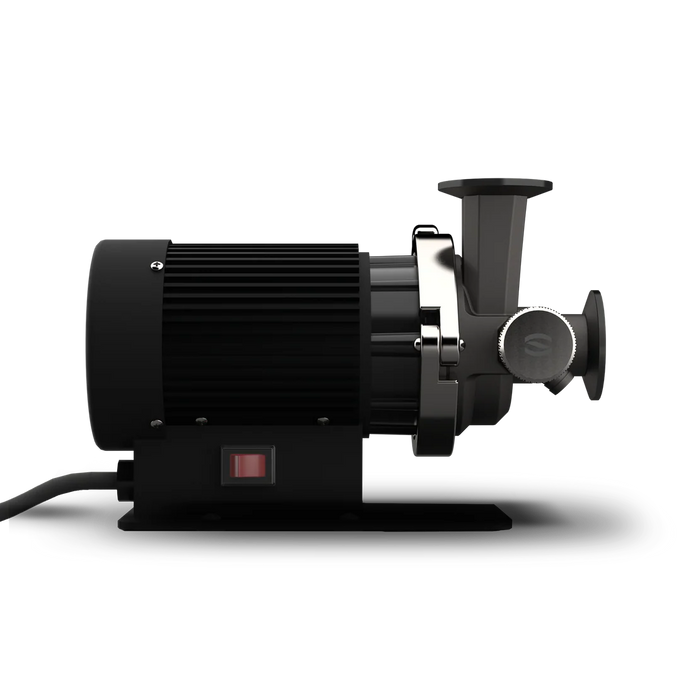 Spike Flow brewing pump with Tri-Clamp connections, back view on a white background.