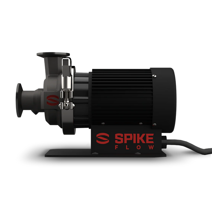 Spike Flow brewing pump with Tri-Clamp connections, front view on a white background.