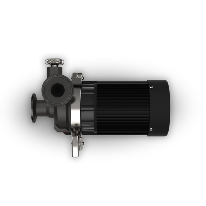 Spike Flow brewing pump with Tri-Clamp connections, top view on a white background.
