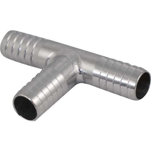 Stainless Steel Barbed Tee connector for Homebrewing Draft Systems' CO2 distribution, angular view.