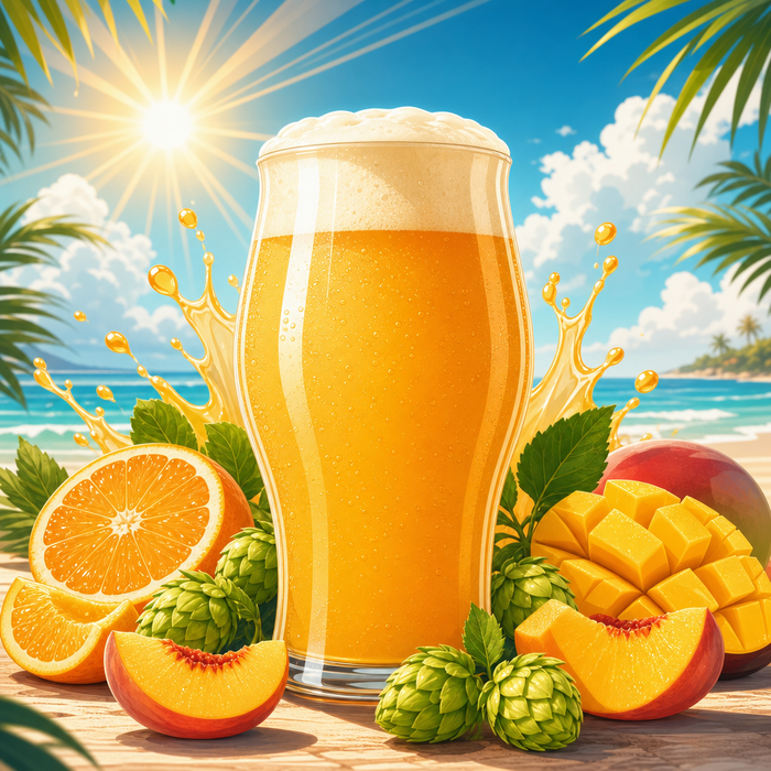 Summer Haze NEIPA recipe kit artwork with hazy pale-orange beer, sunshine, tropical citrus, peach, mango, and hops
