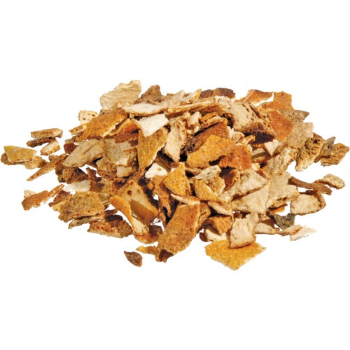 Close up image of dried sweet orange peel used in brewing to impart orange flavoring to beer and other fermented beverages.