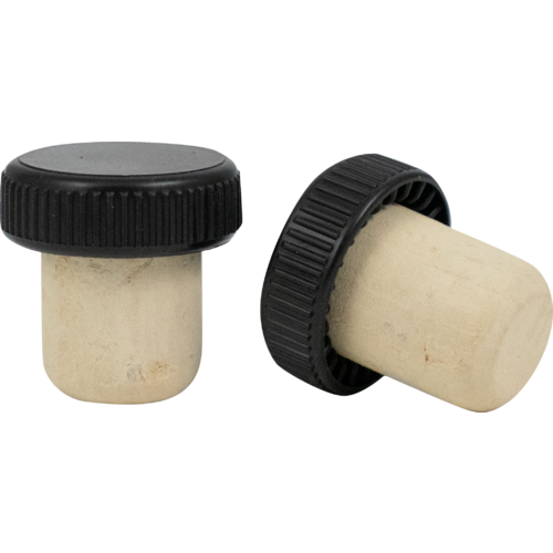 Black Plastic Capped T-Cork with Natural Cork, straight and angled views. 