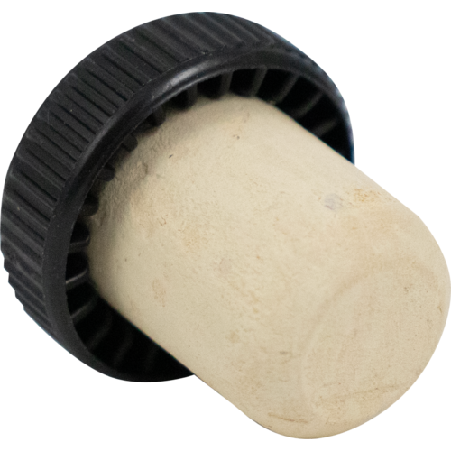 Black Plastic Capped T-Cork with Natural Cork, angled view close-up.