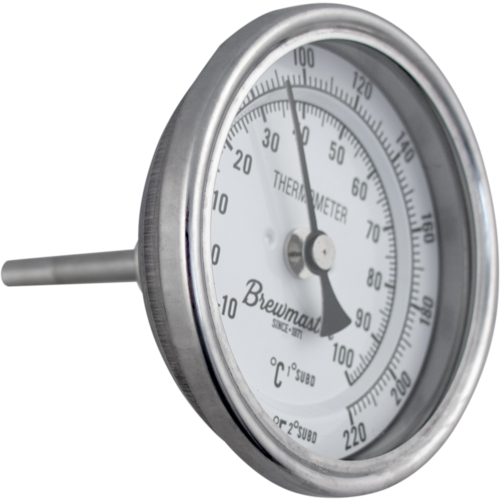Image of the Brewmaster 3" Face Kettle Thermometer with 1/2" MPT Threaded Fitting, front angled view.