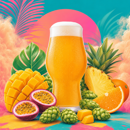 Tropical Hazy IPA all-grain recipe kit artwork with hazy orange beer, mango, pineapple, citrus, and juicy hops