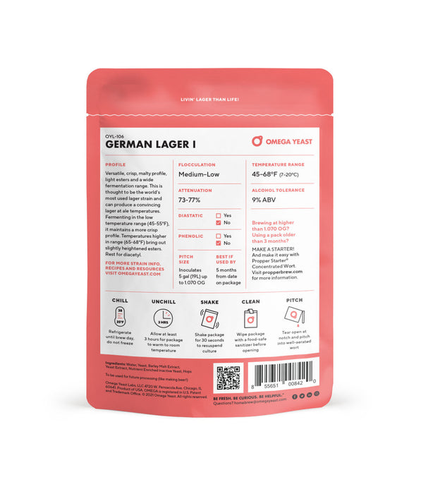 Omega Yeast OYL-106 German Lager I Yeast homebrew yeast packet back view for brewing.