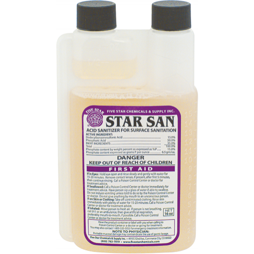 A bottle of Star San acid sanitizer for surface sanitization with a label showing usage instructions and safety warnings.