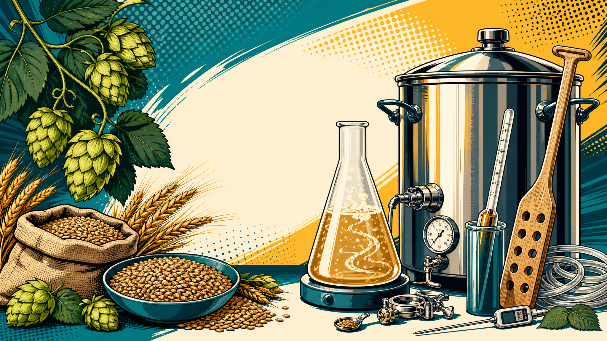 Illustrated hops, malt, yeast starter flask, and homebrewing tools arranged for brew day